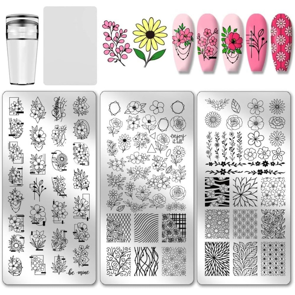 Nail Art Stamping Kit - 3 stuks bloem nagelstempelplaten, bladeren nagelkunstplaten,