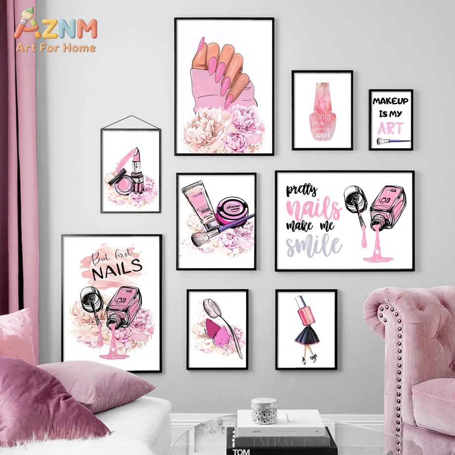 Beauty Of Makeup Quotes - AZNM roze nagelmake-up canvas wandkunst, moderne