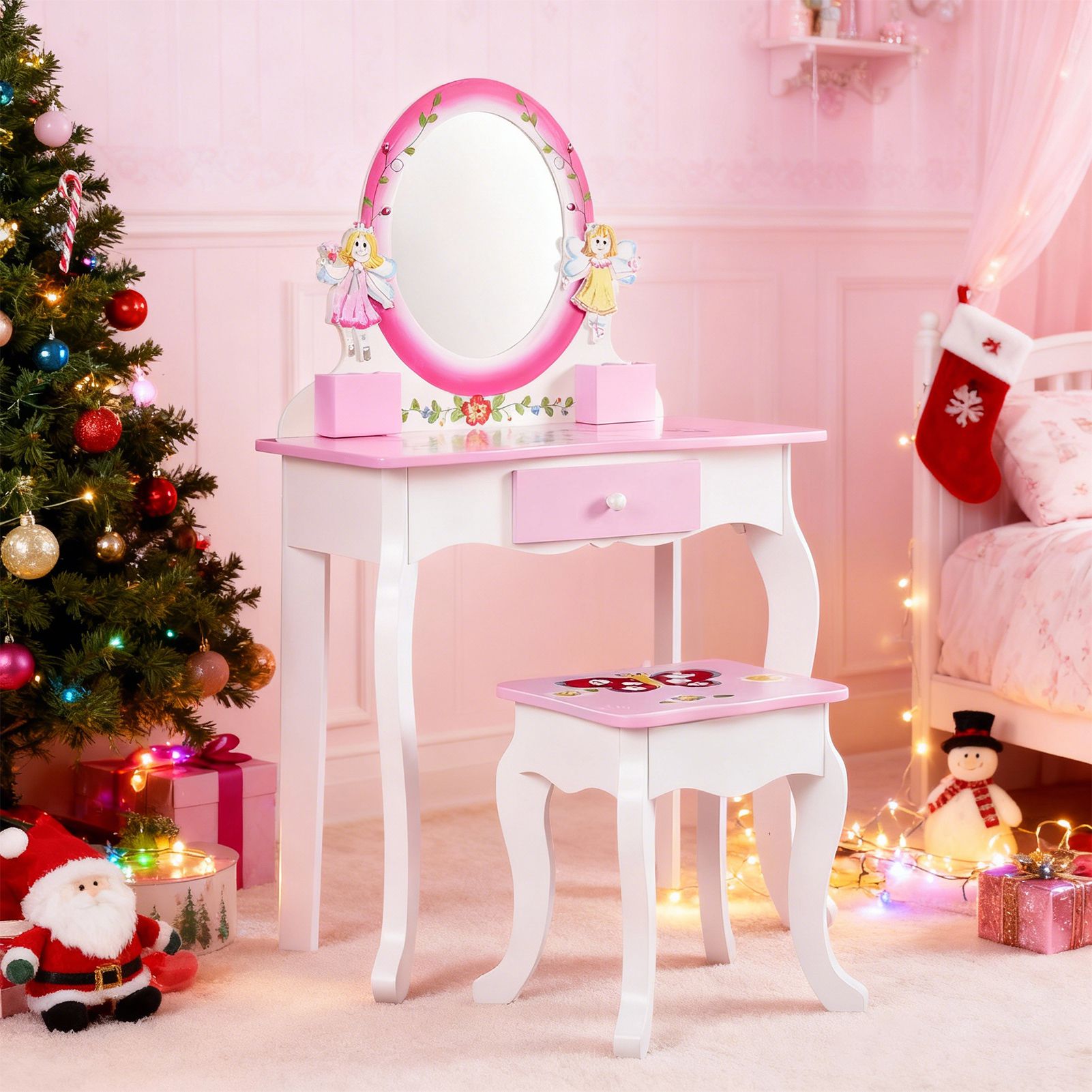 Beauty Flower Makeup - Kinderkaptafel met bloemenprint, houten make-uptafel, prinsessenkaptafel