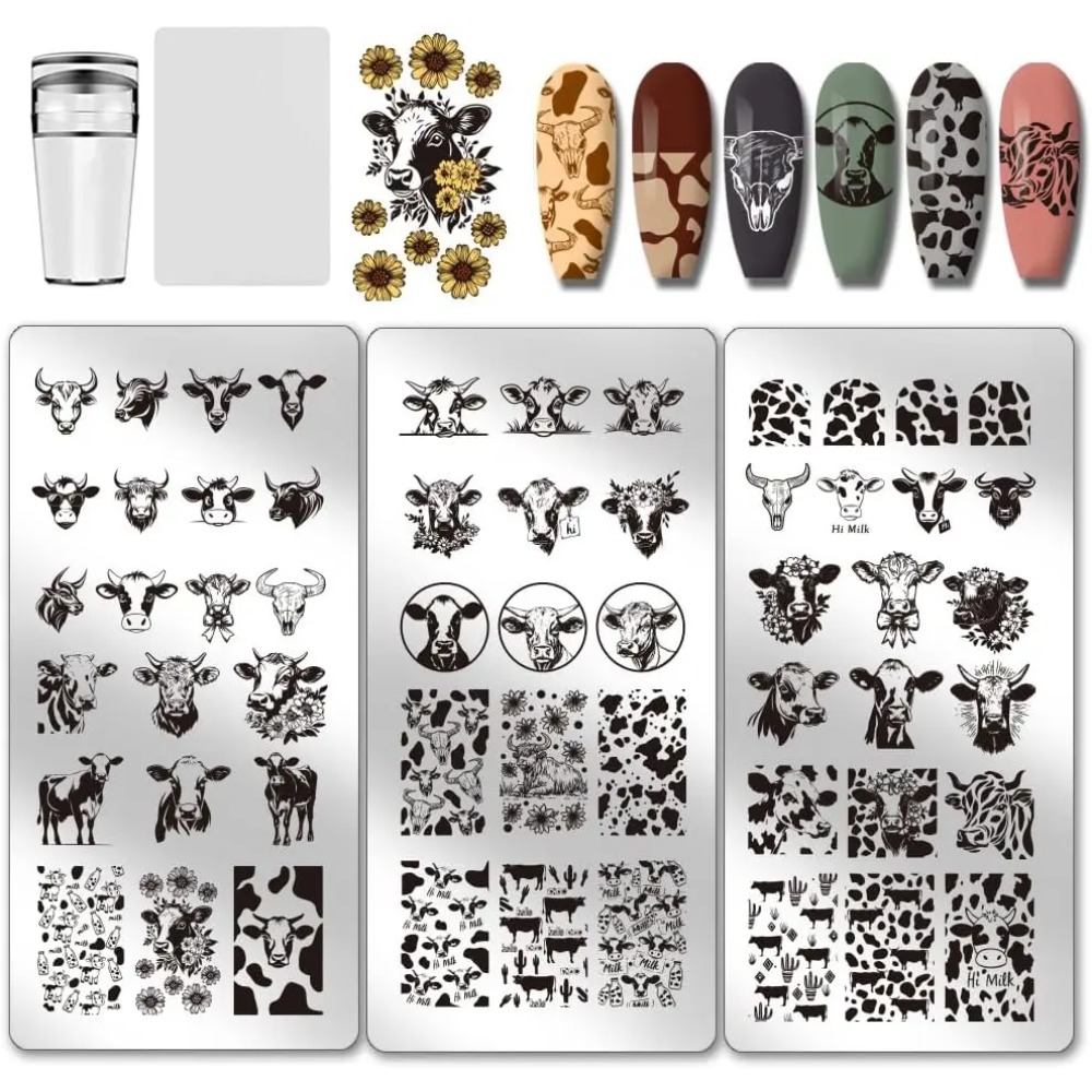 Nail Art Stamping Kit - 3 stuks koe-thema nagel stempelplaten 56